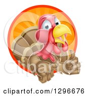 Poster, Art Print Of Cute Turkey Bird Giving A Thumb Up And Emerging From A Circle Of Sun Rays