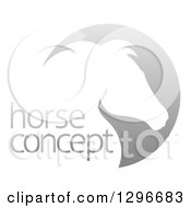 Clipart Of A Gradient White Horse Head Silhouetted In A Gray Circle Over Sample Text Royalty Free Vector Illustration