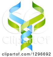 Clipart Of A 3d Green And Blue DNA Double Helix Tree Shaped Like A Caduceus Royalty Free Vector Illustration