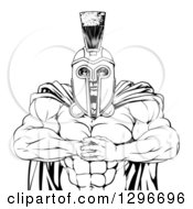Clipart Of A Black And White Tough Muscular Spartan Warrior Man Gesturing Bring It With His Fists Royalty Free Vector Illustration