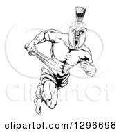 Poster, Art Print Of Black And White Muscular Gladiator Man In A Helmet Sprinting With A Sword