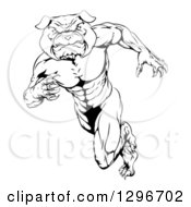 Poster, Art Print Of Black And White Muscular Tough Bulldog Man Mascot Sprinting Upright To The Left