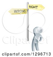 Poster, Art Print Of 3d Silver Man Looking Up At Right And Wrong Directional Arrow Signs