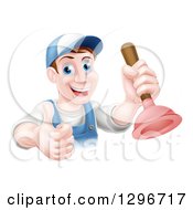 Poster, Art Print Of Middle Aged Brunette White Male Plumber Wearing A Baseball Cap Holding A Thumb Up And A Plunger