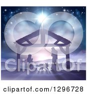 Clipart Of A Silhouetted Christmas Nativity Scene At The Manger With The Star Of Bethlehem Mary Joseph And Baby Jesus Royalty Free Vector Illustration