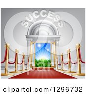 Clipart Of A Red Carpet And Posts Leading To A Doorway With Bright Light Grass And Opportunity Text Royalty Free Vector Illustration by AtStockIllustration