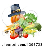 Poster, Art Print Of Thanksgiving Pumpkin With A Pilgrim Hat And Produce