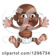 Poster, Art Print Of Crying Black Baby Boy Teething Sitting In A Diaper Holding His Arms Up