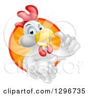 Clipart Of A Happy White Chicken Rooster Holding A Thumb Up And Emerging From A Sunshine Circle Royalty Free Vector Illustration