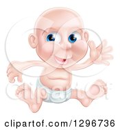 Poster, Art Print Of Happy Bald Blue Eyed Caucasian Baby Boy Sitting In A Diaper And Waving