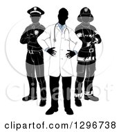 Faceless Doctor With A Black And White Policeman And Firefighter Posing