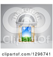 Clipart Of 3d The Future Text Over A Door With Sunshine And Grass Royalty Free Vector Illustration by AtStockIllustration