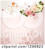 Poster, Art Print Of Floral Rose Valentine Background With Cupid And Hearts
