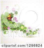 Poster, Art Print Of St Patricks Day Background Of A Monarch Butterfly Ladybug Blossoms And Shamrock Clovers
