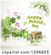 Clipart Of A Happy St Patricks Day Greeting With A Pot Of Gold Monarch Butterfly Ladybug Blossoms And Shamrock Clovers Royalty Free Vector Illustration