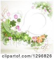 Clipart Of A Floral Rose Wedding Background With Shamrock Clovers And A Ladybug Royalty Free Vector Illustration