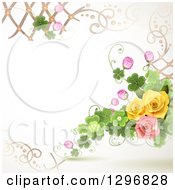 Clipart Of A Floral Rose Wedding Background With Shamrock Clovers And Lattice Royalty Free Vector Illustration