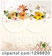 Poster, Art Print Of Lily Flower And Shamrock Background With Butterflies Circles And Copyspace