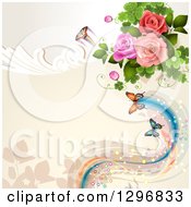 Poster, Art Print Of Floral Rose Wedding Background With Butterflies Swirls And Magical Waves