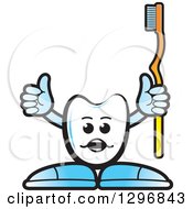 Poster, Art Print Of Cartoon Tooth Character Holding Up A Thumb And Yellow Toothbrush