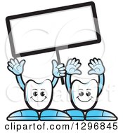Poster, Art Print Of Cartoon Tooth Characters Waving And Holding Up A Blank Sign