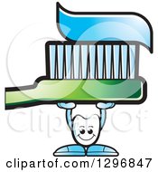 Poster, Art Print Of Cartoon Tooth Character Holding Up A Giant Green Toothbrush With Paste