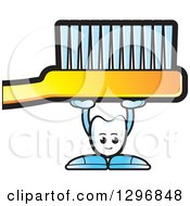 Poster, Art Print Of Cartoon Tooth Character Holding Up A Giant Yellow Toothbrush