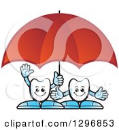 Poster, Art Print Of Cartoon Tooth Characters Under A Red Umbrella