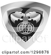 Poster, Art Print Of Roaring Tiger Heads Over A Grid Globe In A Silver And Black Shield