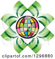 Poster, Art Print Of Colorful Grid Globe Outlined In White With Green Leaves