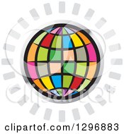Poster, Art Print Of Colorful Grid Globe In A Silver Circle With Gray Rays