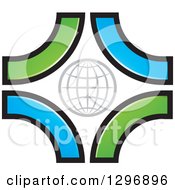 Clipart Of A Gray Grid Globe In Blue And Green Swooshes Royalty Free Vector Illustration
