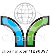 Clipart Of A Gray Grid Globe Over Blue And Green Swooshes Royalty Free Vector Illustration