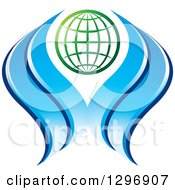 Poster, Art Print Of Gradient Green Grid Globe With Blue Waves Water Or Hands