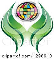 Poster, Art Print Of Colorful Grid Globe And Green Abstract Leaves Or Hands