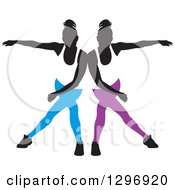 Black Silhouetted Female Dancers In Blue And Purple Apparel Touching Shoulders And Mirroring Each Other