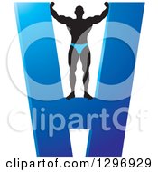 Poster, Art Print Of Silhouetted Male Bodybuilder On A Blue Giant Letter H