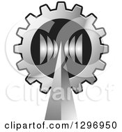 Clipart Of A Silver Cellular Communications Tower With Signals Over A Gear Royalty Free Vector Illustration