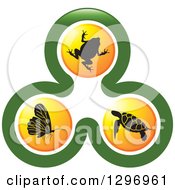 Poster, Art Print Of Biology Logo Of A Frog Sea Turtle And Butterfly In Orange Circles In A Green Design