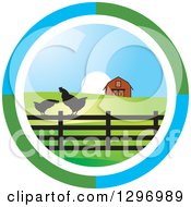 Poster, Art Print Of Circle Scene Of A Sunrise With A Barn And Chickens