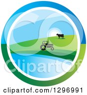 Poster, Art Print Of Circle Scene Of A Sunrise With A Tractor And Cow At A Pond