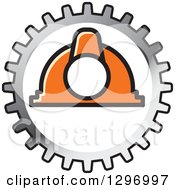 Clipart Of A Silver Gear Cog And Industrial Orange Hard Hat Helmet Royalty Free Vector Illustration