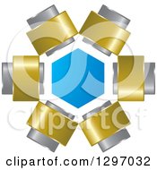 Poster, Art Print Of Blue Hexagon With Silver And Gold