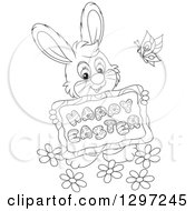 Poster, Art Print Of Cartoon Happy Black And White Bunny Holding A Happy Easter Sign With A Butterfly And Flowers