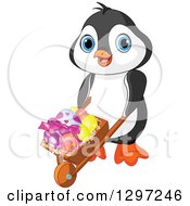 Poster, Art Print Of Adorable Baby Penguin Pushing Easter Eggs In A Wheelbarrow
