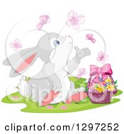 Poster, Art Print Of Adorable Gray And White Bunny Rabbit Watching Butterflies And Sitting With An Easter Basket