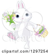 Poster, Art Print Of Adorable White Bunny Rabbit Walking With Spring Flowers And An Easter Basket