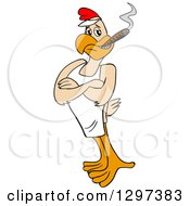 Cartoon Grinning Muscular Bbq Chef Chicken With Folded Arms Smoking A Cigar