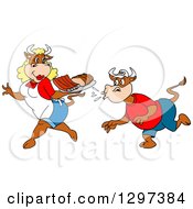 Clipart Of A Hungry Male Cow Kissing Up To A Female Chef Cow Carrying Bbq Ribs And Brisket Royalty Free Vector Illustration