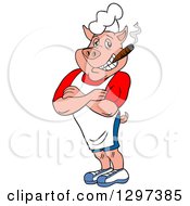 Cartoon Grinning Muscular Bbq Chef Pig With Folded Arms Smoking A Cigar